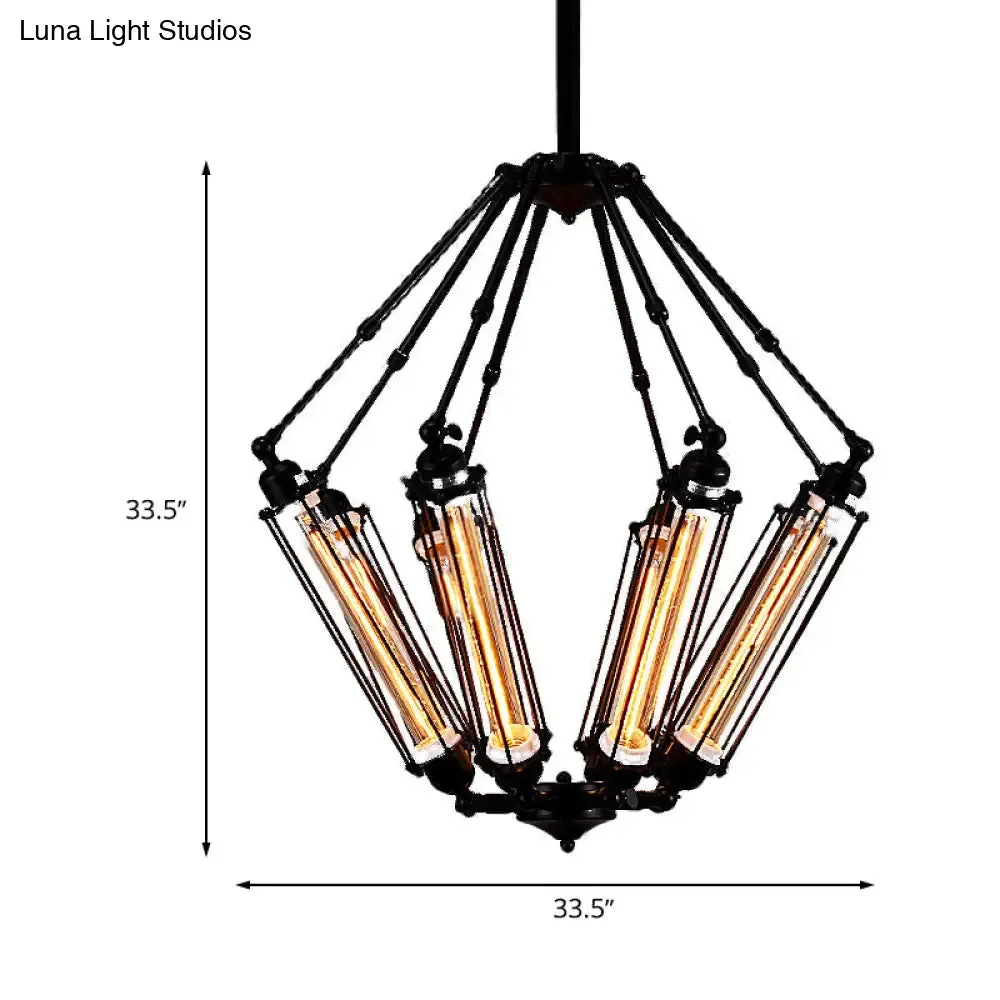 Industrial Metal Pendant Ceiling Lamp - 4-Light Tube Cage Chandelier Fixture in Black