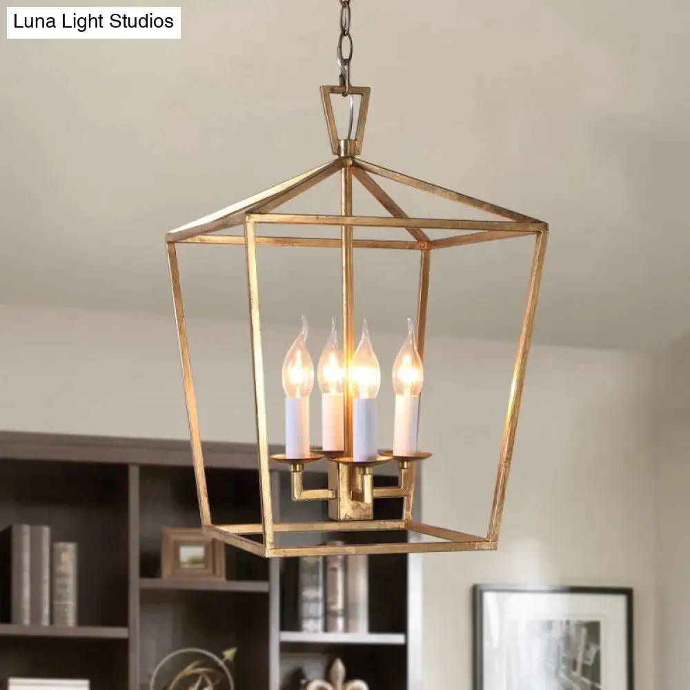 Industrial Metal Pendant Light Fixture - Prismatic/Rhombus Cage Shade, 4-Light Suspension in Gold