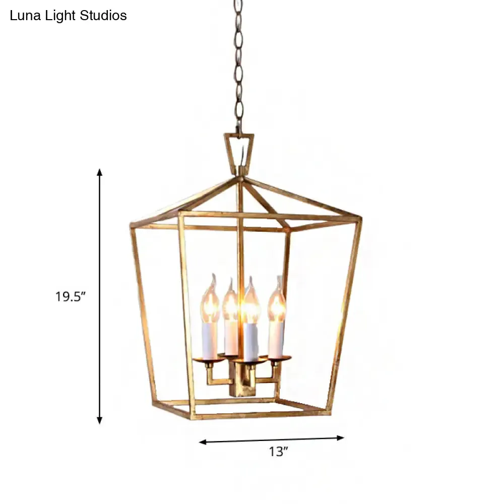 Industrial Metal Pendant Light Fixture - Prismatic/Rhombus Cage Shade, 4-Light Suspension in Gold