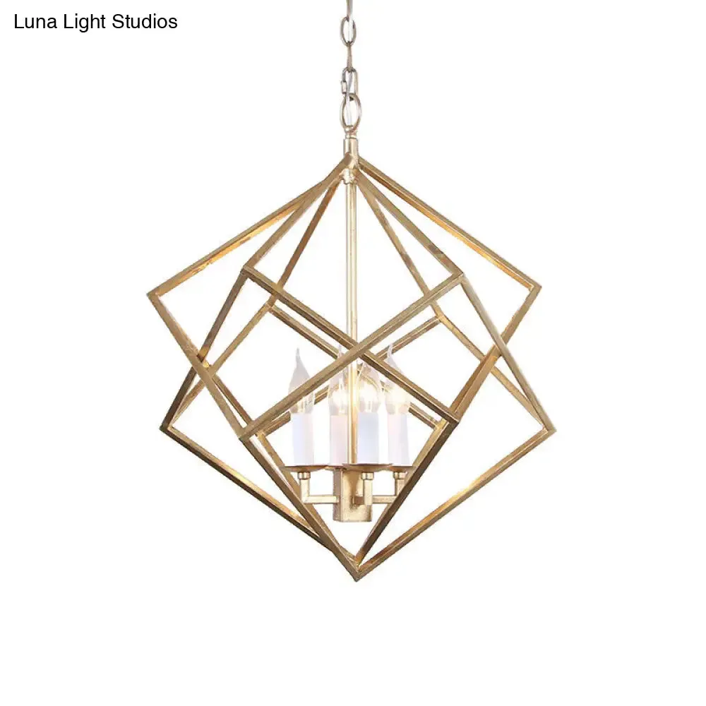 Industrial Metal Pendant Light Fixture - Prismatic/Rhombus Cage Shade, 4-Light Suspension in Gold