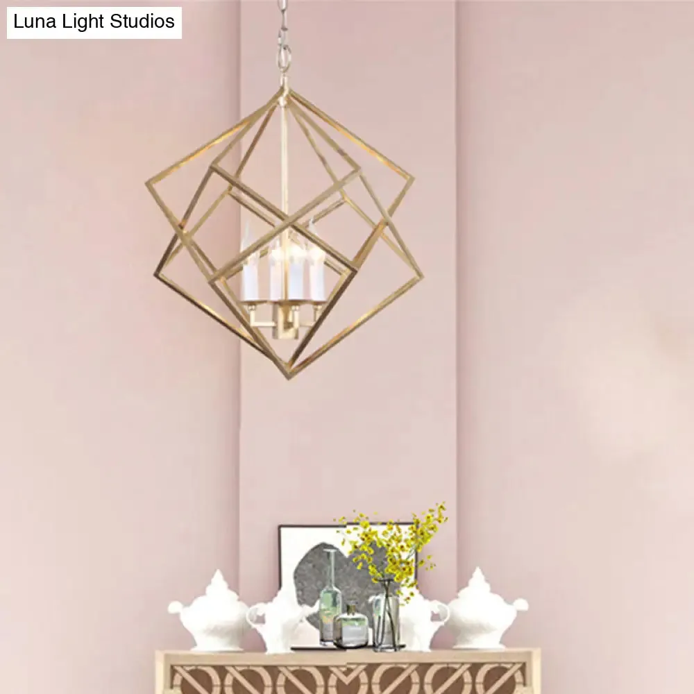 Industrial Metal Pendant Light Fixture - Prismatic/Rhombus Cage Shade, 4-Light Suspension in Gold