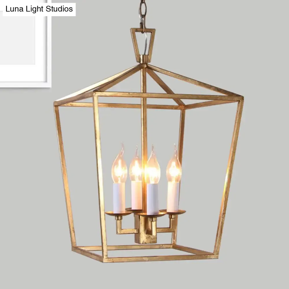 Industrial Metal Pendant Light Fixture - Prismatic/Rhombus Cage Shade, 4-Light Suspension in Gold