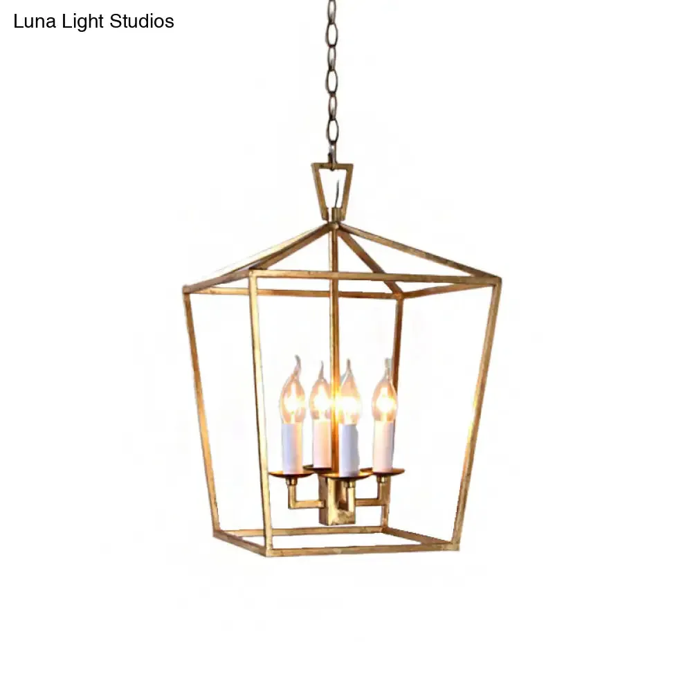 Industrial Metal Pendant Light Fixture - Prismatic/Rhombus Cage Shade, 4-Light Suspension in Gold