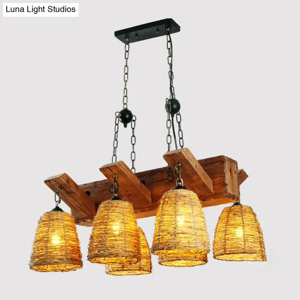 Industrial Rattan Pendant Light for Dining Room - Bell Shade Chandelier Fixture