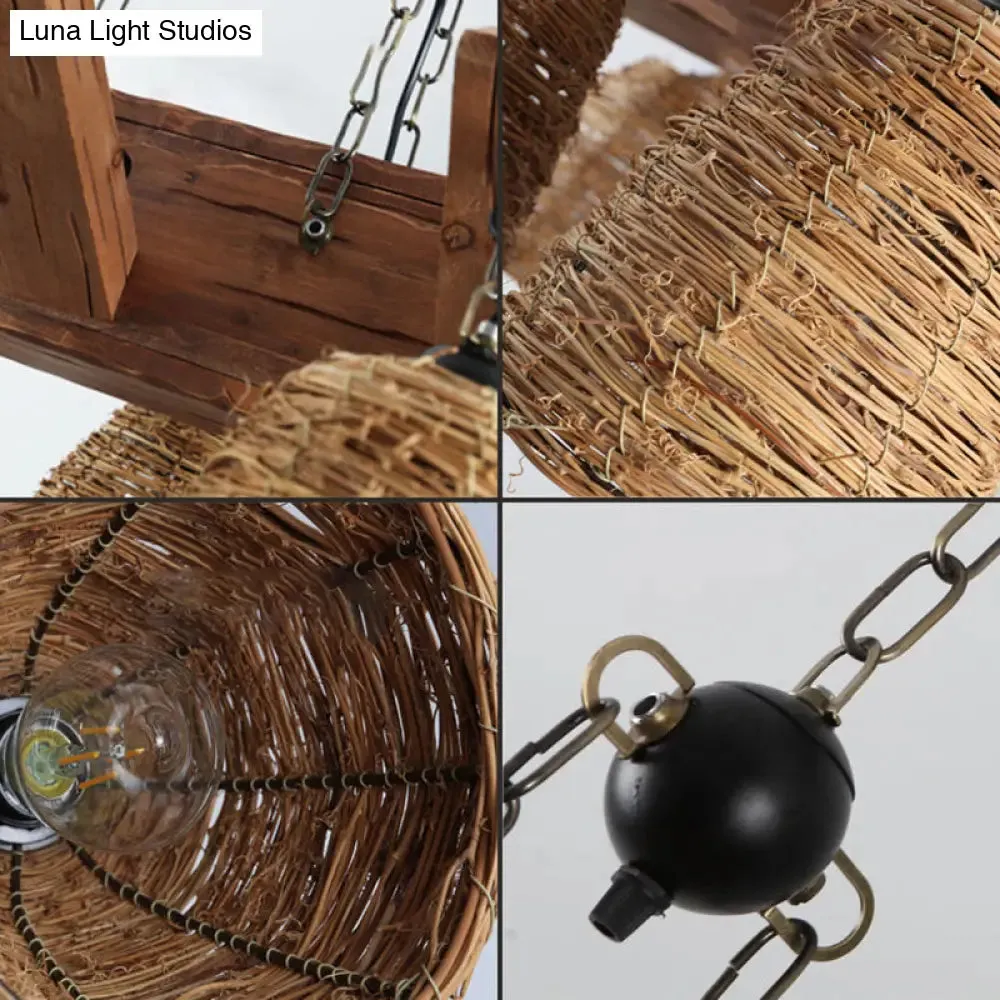 Industrial Rattan Pendant Light for Dining Room - Bell Shade Chandelier Fixture