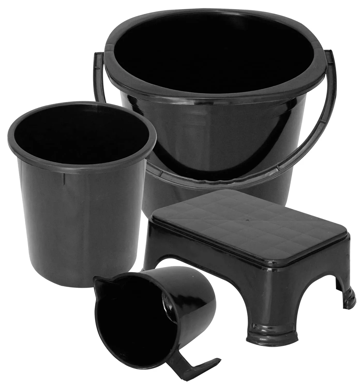 Kuber Industries 4 Pieces Plastic Bucket, Dustbin, Mug & Stool Set (Black)