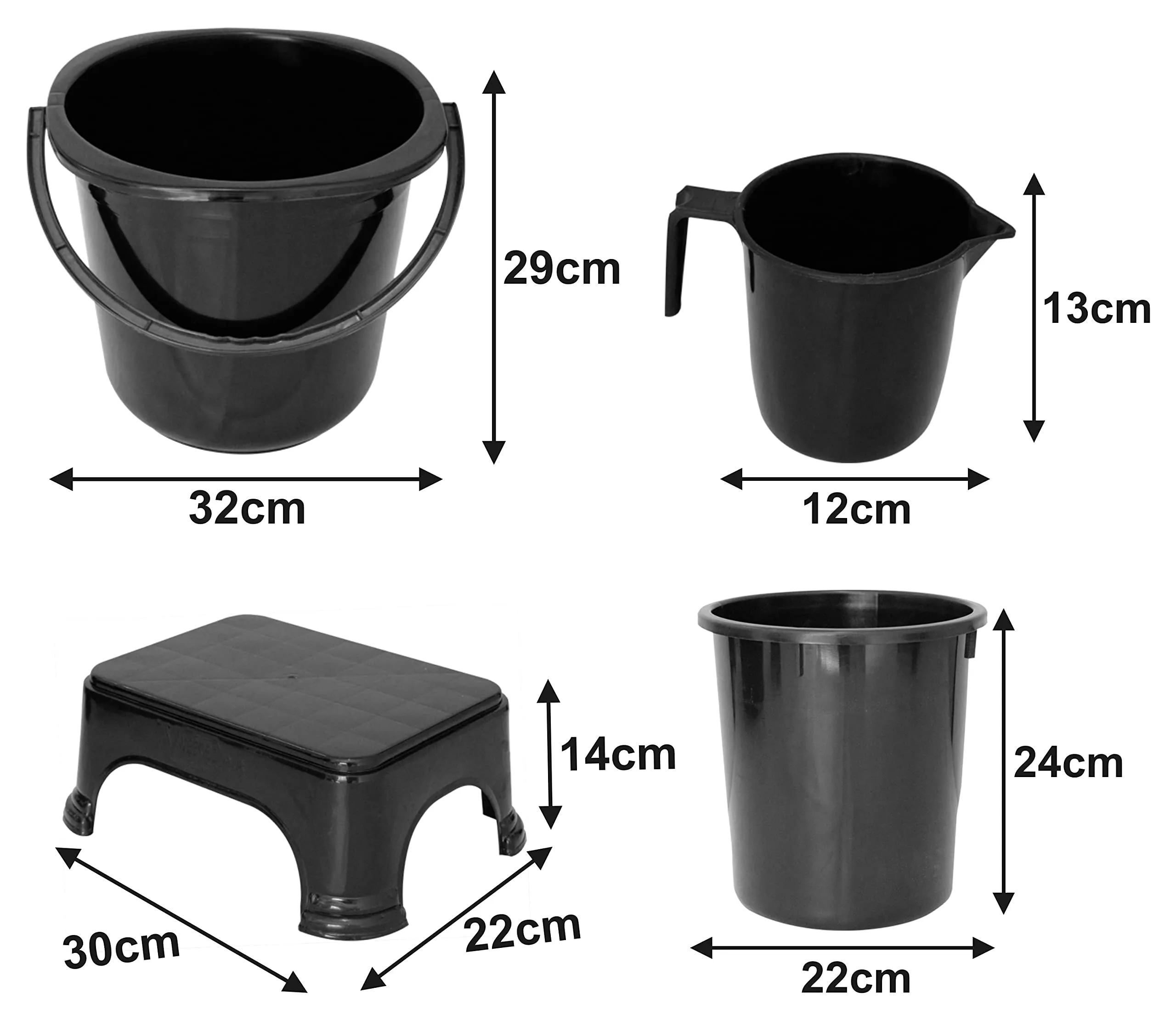 Kuber Industries 4 Pieces Plastic Bucket, Dustbin, Mug & Stool Set (Black)