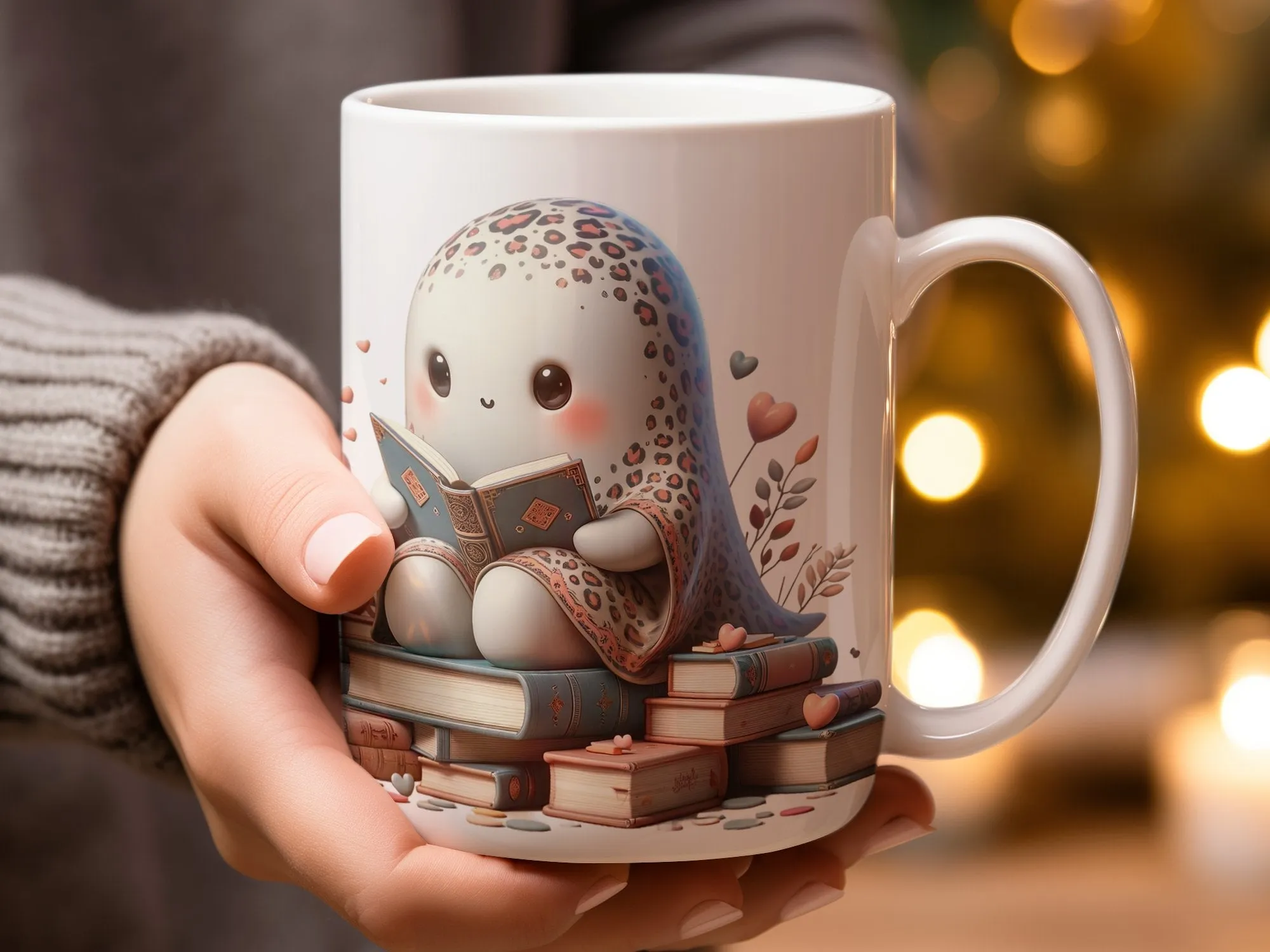 Leopard Print Ghost Reading a Book Mug, Cute Book Lovers Ghost Mug