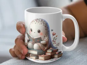 Leopard Print Ghost Reading a Book Mug, Cute Book Lovers Ghost Mug