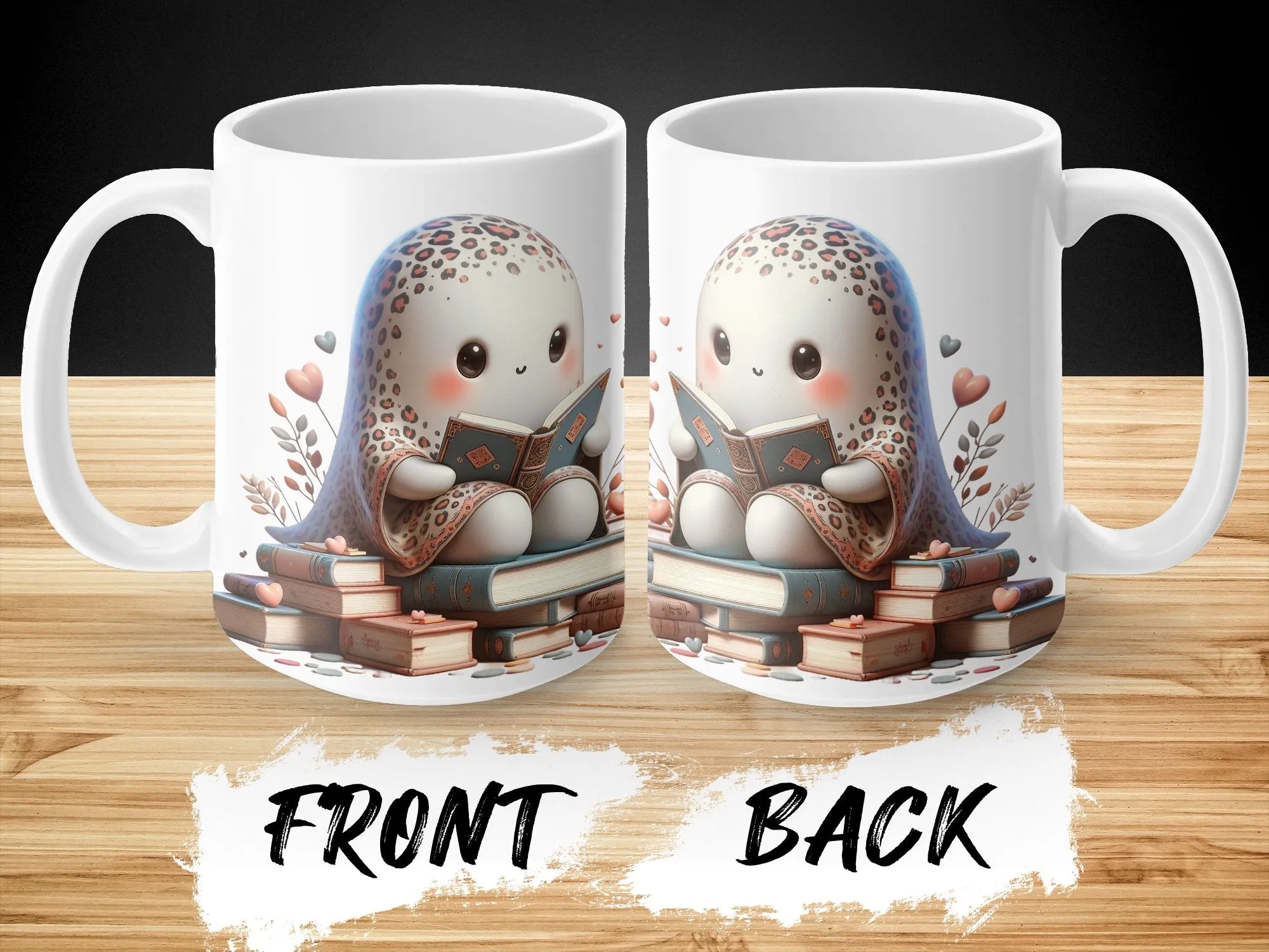 Leopard Print Ghost Reading a Book Mug, Cute Book Lovers Ghost Mug