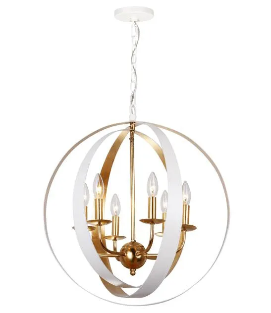 LUNA 6 LIGHT SPHERE LARGE CHANDELIER, MATTE WHITE AND ANTIQUE GOLD