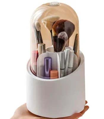 Makeup Brush Holder, 360 Rotating Makeup Organizer with Clear Cover Cosmetics Storage Display Case, with 7 Compartments