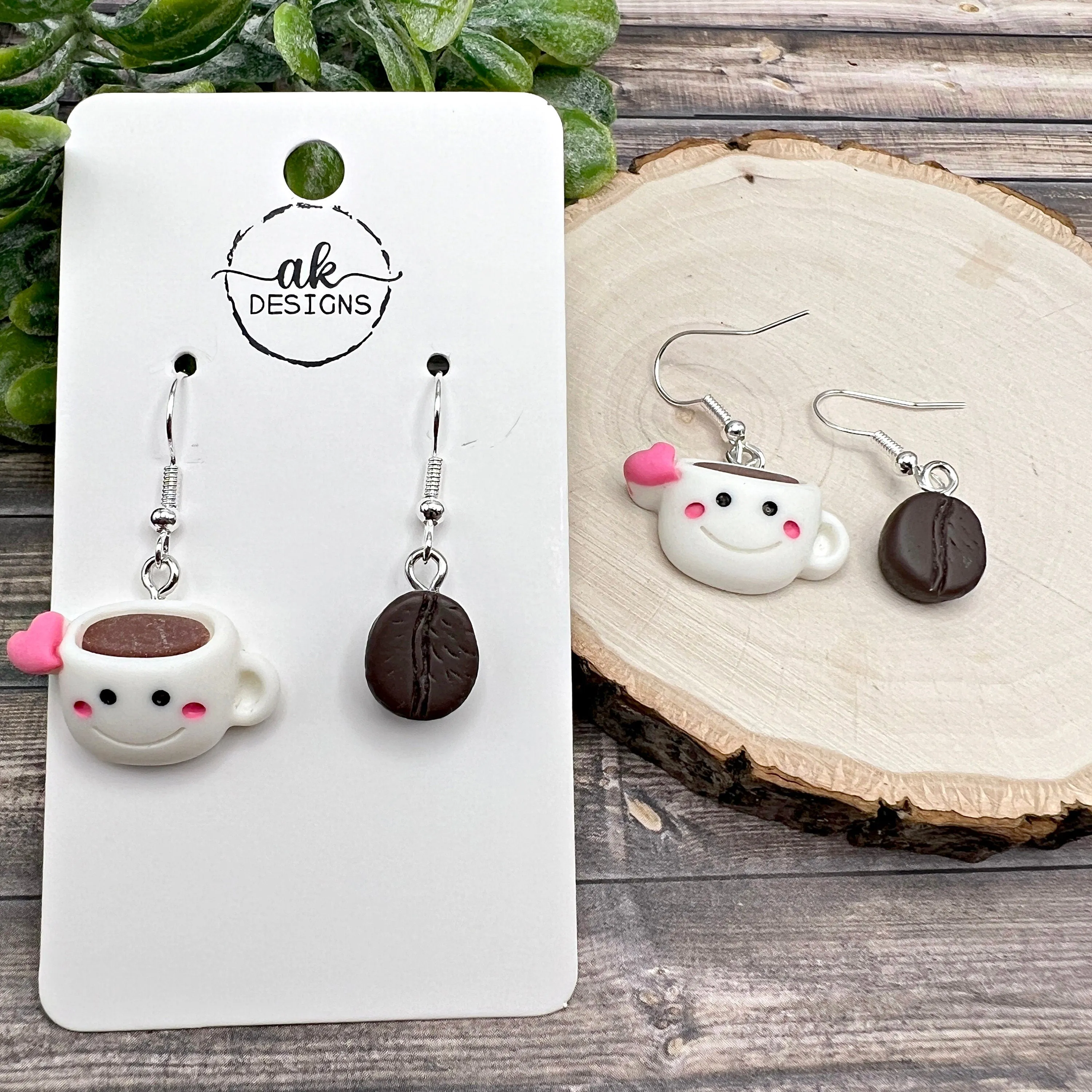 Mismatched Smiling Cartoon Coffee Cup and Realistic Coffee Bean Resin Lightweight  Earrings | Hypoallergenic Gift