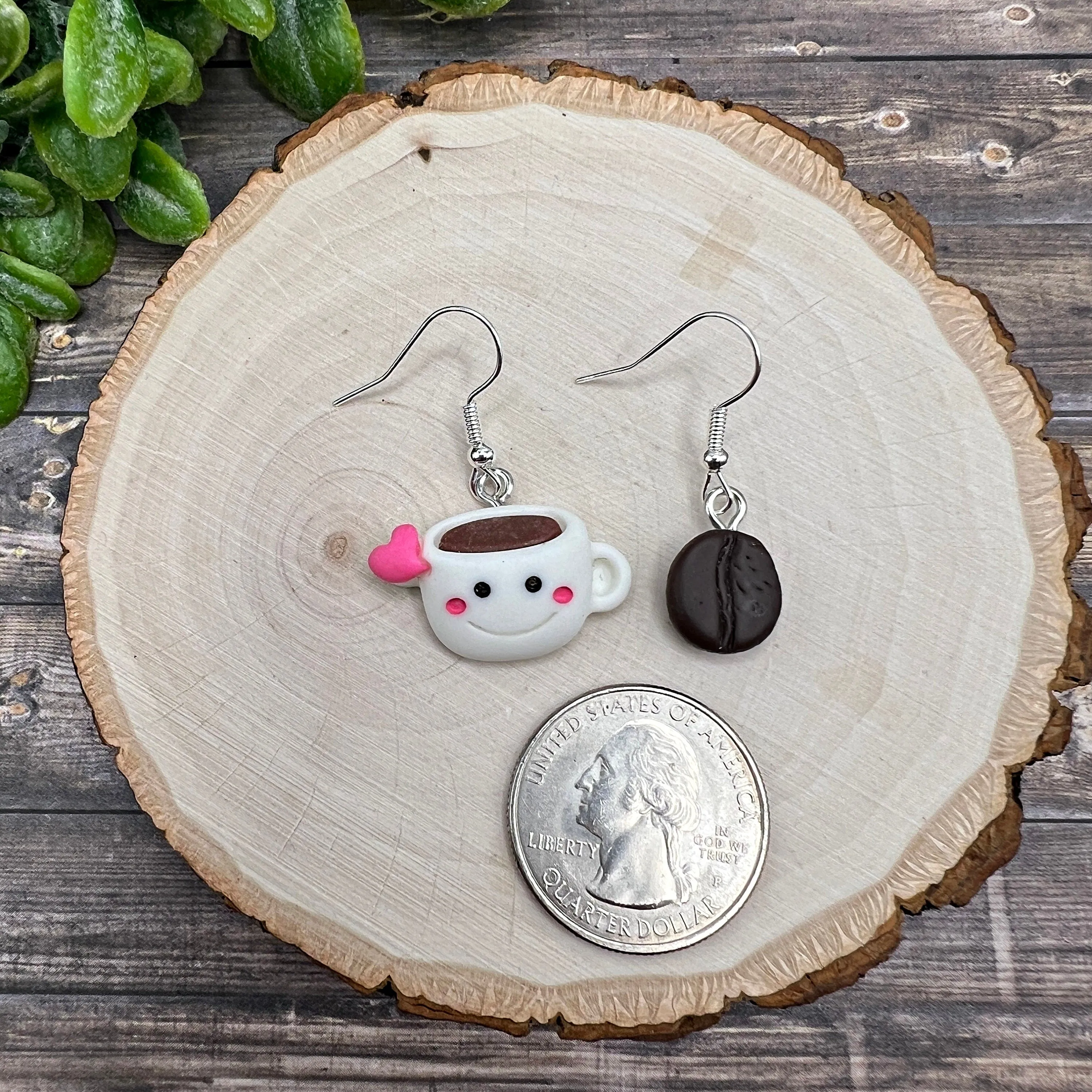 Mismatched Smiling Cartoon Coffee Cup and Realistic Coffee Bean Resin Lightweight  Earrings | Hypoallergenic Gift