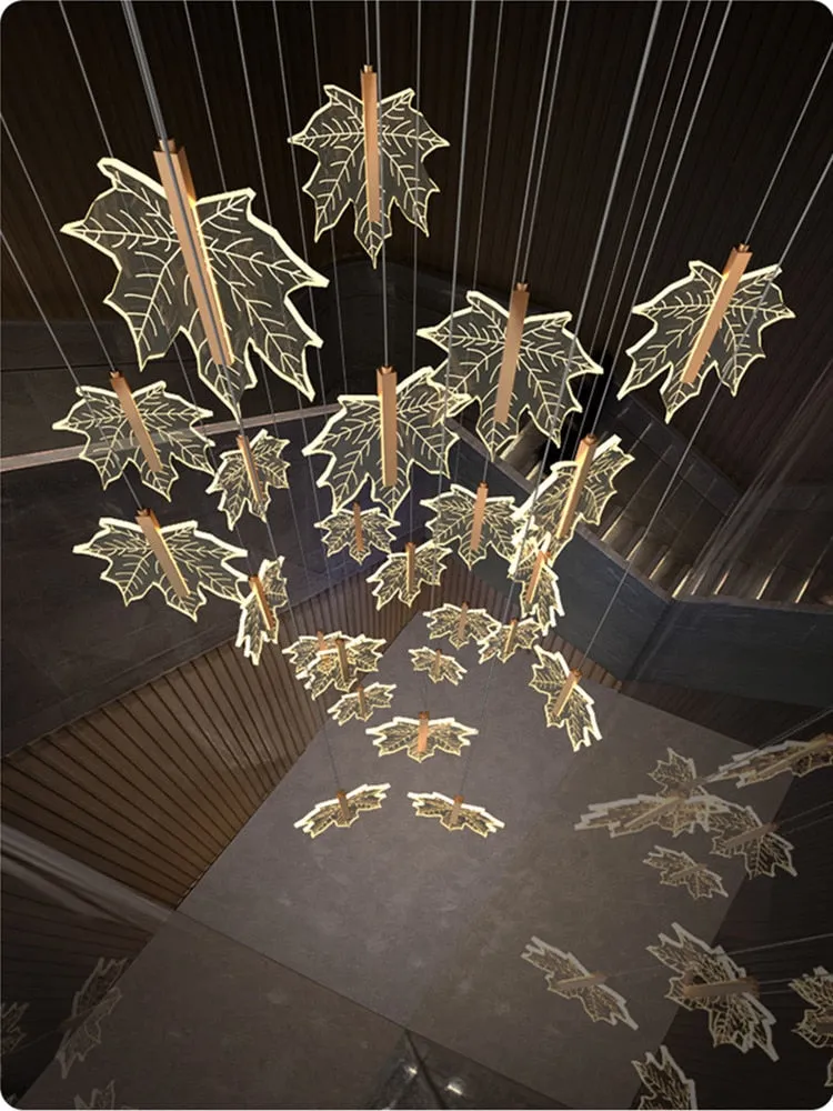 Modern Golden Maple Leaf Staircase LED Chandelier Lighting Nordic  Duplex Building Living Room Luster Villa Stairwell Chandelier