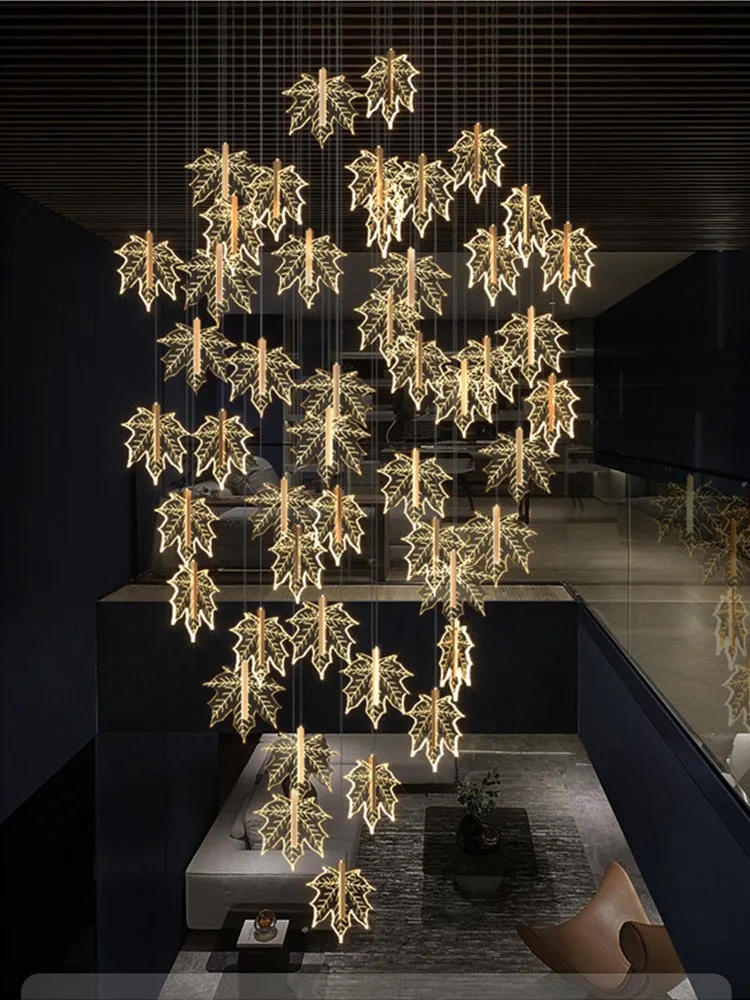 Modern Golden Maple Leaf Staircase LED Chandelier Lighting Nordic  Duplex Building Living Room Luster Villa Stairwell Chandelier