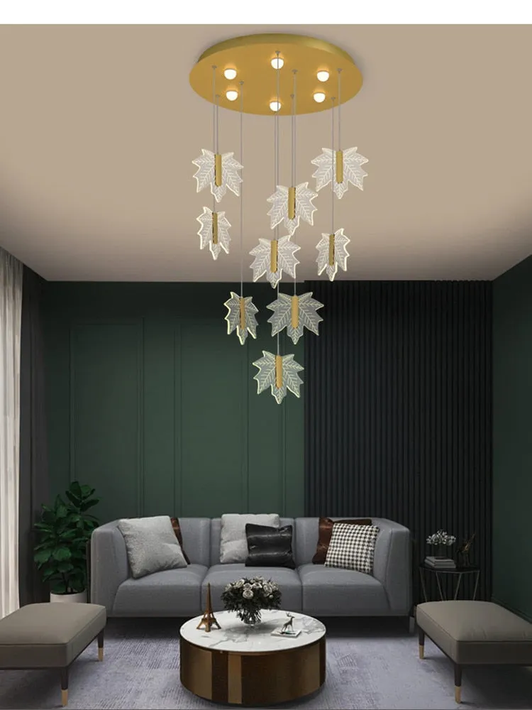 Modern Golden Maple Leaf Staircase LED Chandelier Lighting Nordic  Duplex Building Living Room Luster Villa Stairwell Chandelier