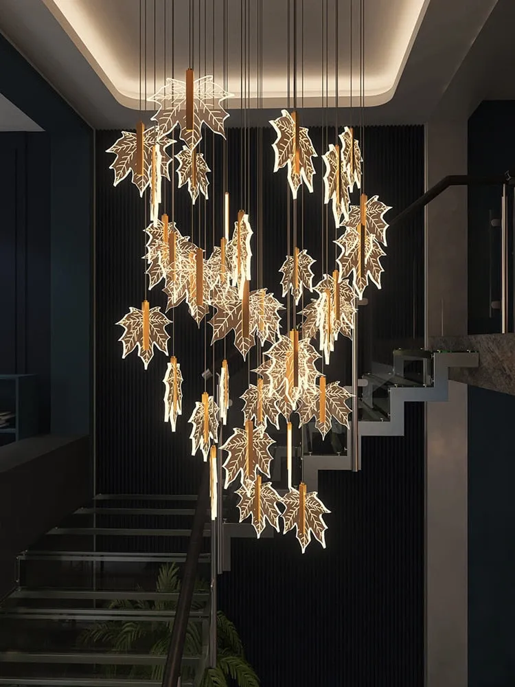 Modern Golden Maple Leaf Staircase LED Chandelier Lighting Nordic  Duplex Building Living Room Luster Villa Stairwell Chandelier