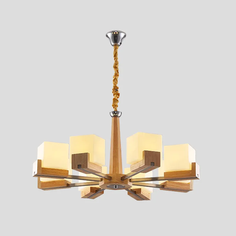 Modern Wood & Frosted Glass Cube Chandelier for Living Room Ceiling