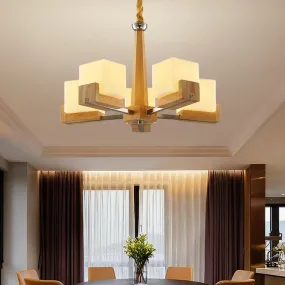 Modern Wood & Frosted Glass Cube Chandelier for Living Room Ceiling