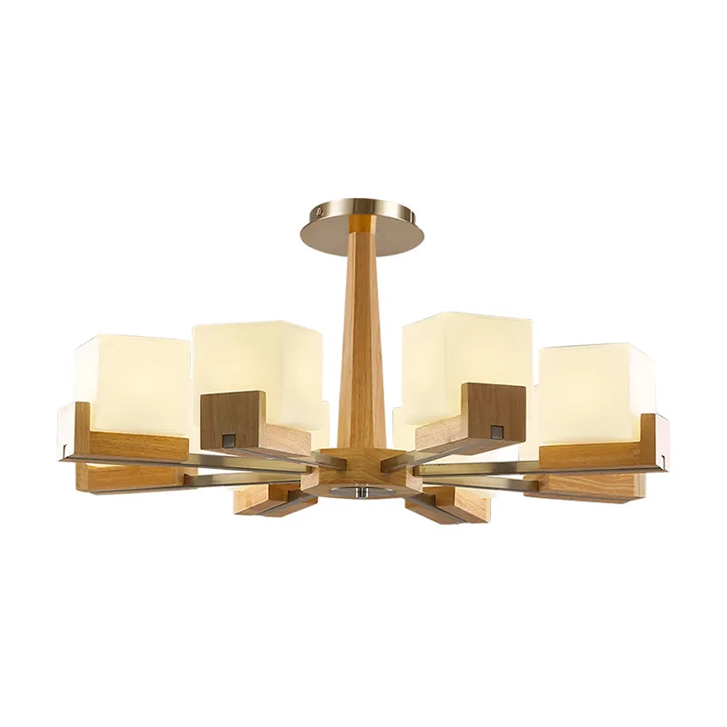 Modern Wood & Frosted Glass Cube Chandelier for Living Room Ceiling