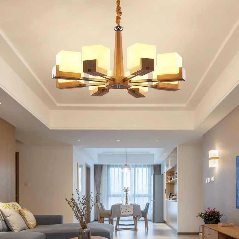 Modern Wood & Frosted Glass Cube Chandelier for Living Room Ceiling