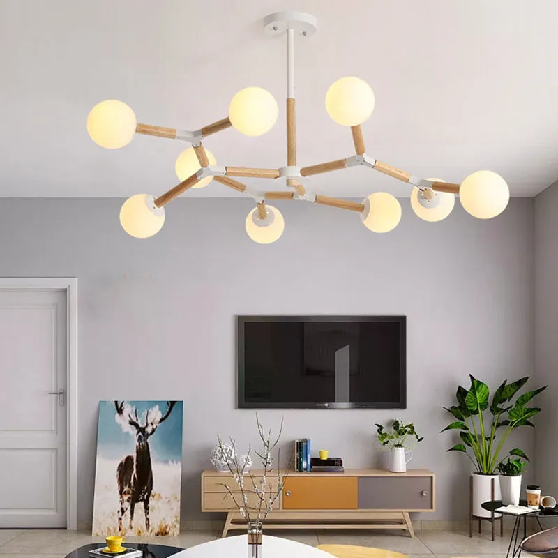 Nordic Handblown Glass Chandelier Light with Wood Suspension - Perfect for Dining Room