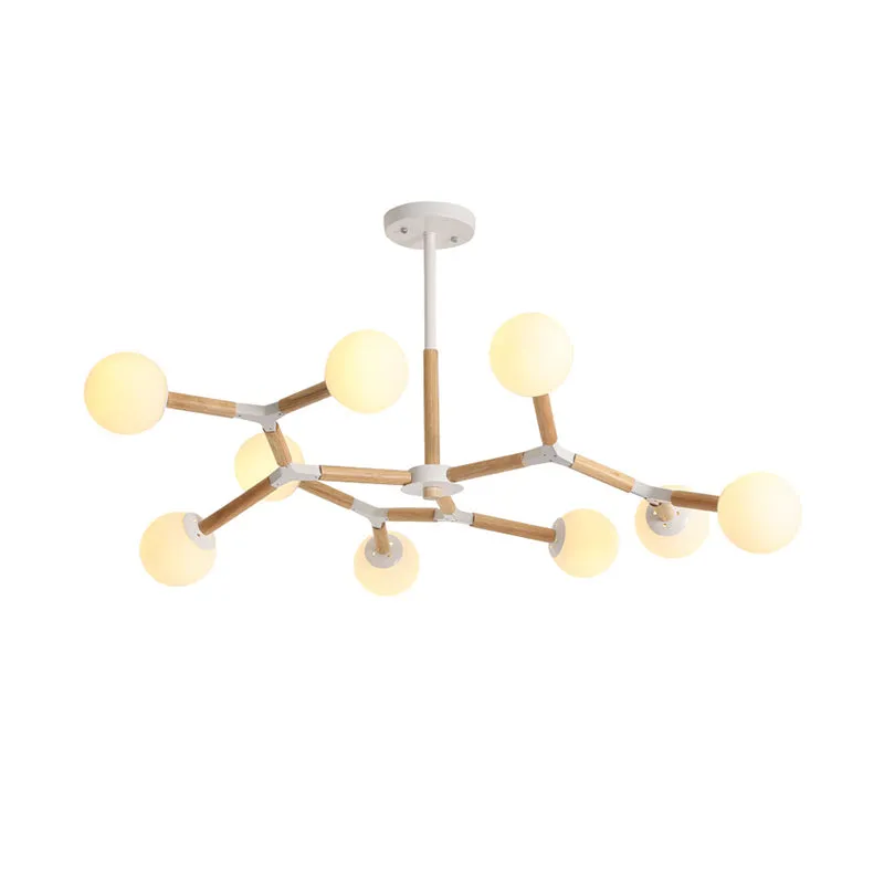 Nordic Handblown Glass Chandelier Light with Wood Suspension - Perfect for Dining Room