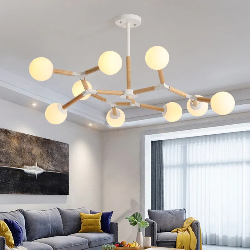 Nordic Handblown Glass Chandelier Light with Wood Suspension - Perfect for Dining Room