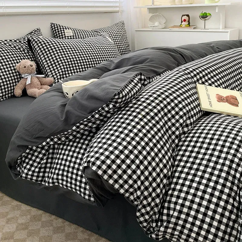 Plaid Cotton Bedding Set with Duvet Cover, Pillowcase & Bed Sheet