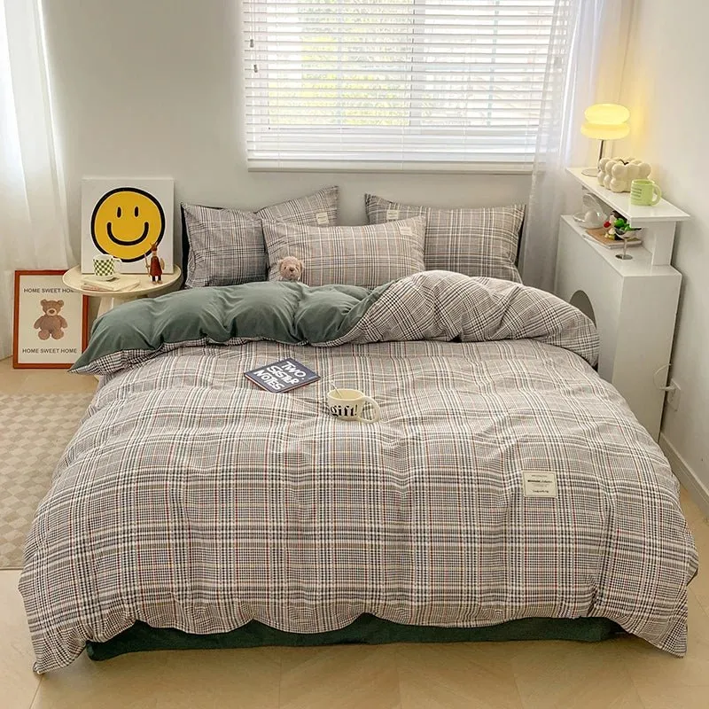 Plaid Cotton Bedding Set with Duvet Cover, Pillowcase & Bed Sheet