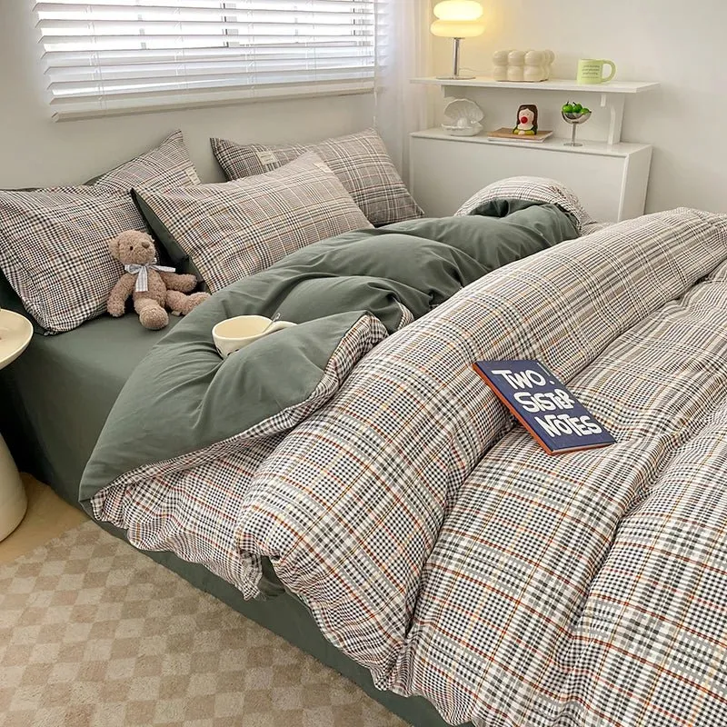 Plaid Cotton Bedding Set with Duvet Cover, Pillowcase & Bed Sheet