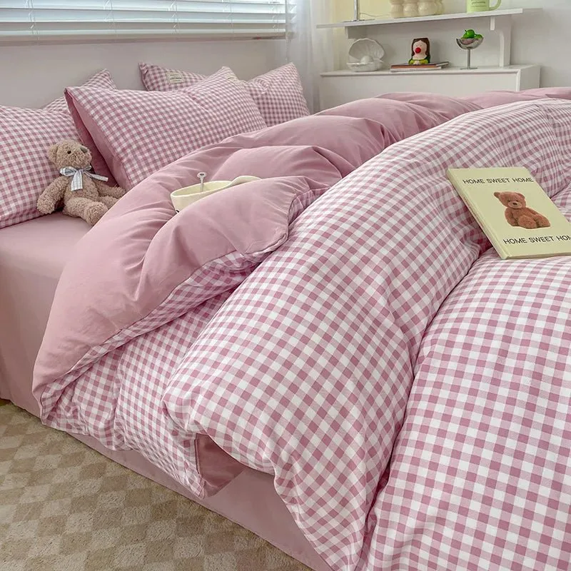 Plaid Cotton Bedding Set with Duvet Cover, Pillowcase & Bed Sheet