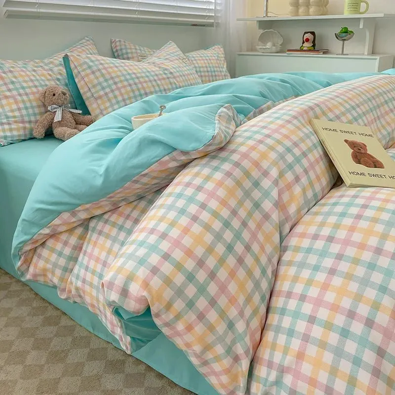 Plaid Cotton Bedding Set with Duvet Cover, Pillowcase & Bed Sheet