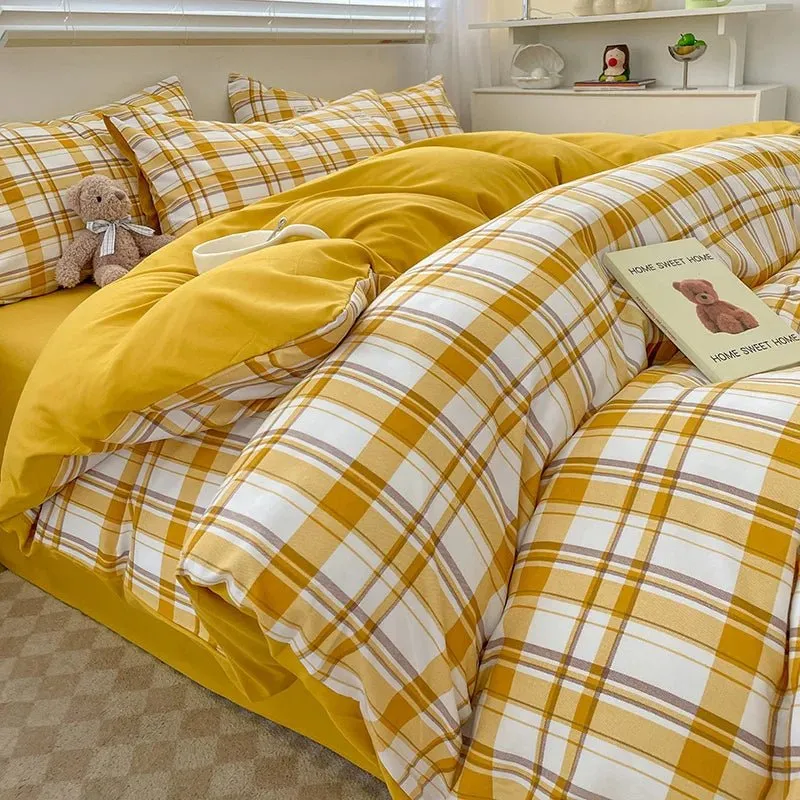 Plaid Cotton Bedding Set with Duvet Cover, Pillowcase & Bed Sheet