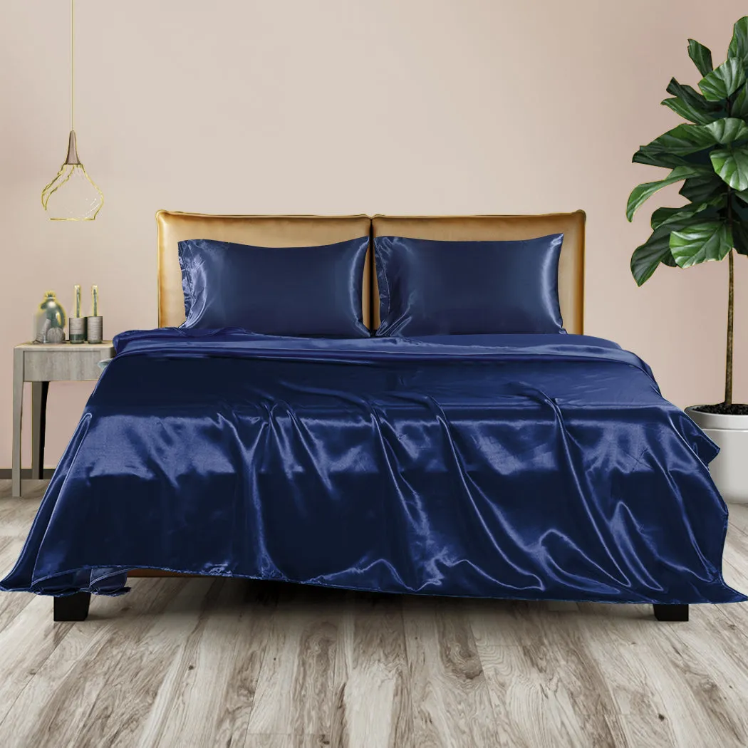 Queen Dreamz Silky Satin Sheets Fitted Flat Blue