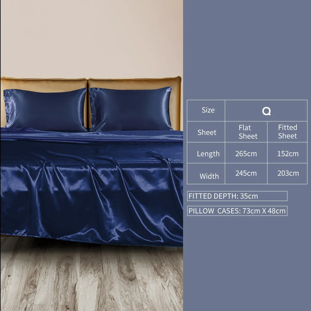 Queen Dreamz Silky Satin Sheets Fitted Flat Blue