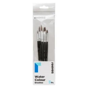 Reeves Water Colour Brushes Short Handle Set of 5 - No.2, 4 & 6 Round; No. 6 & 10 Flat Dark