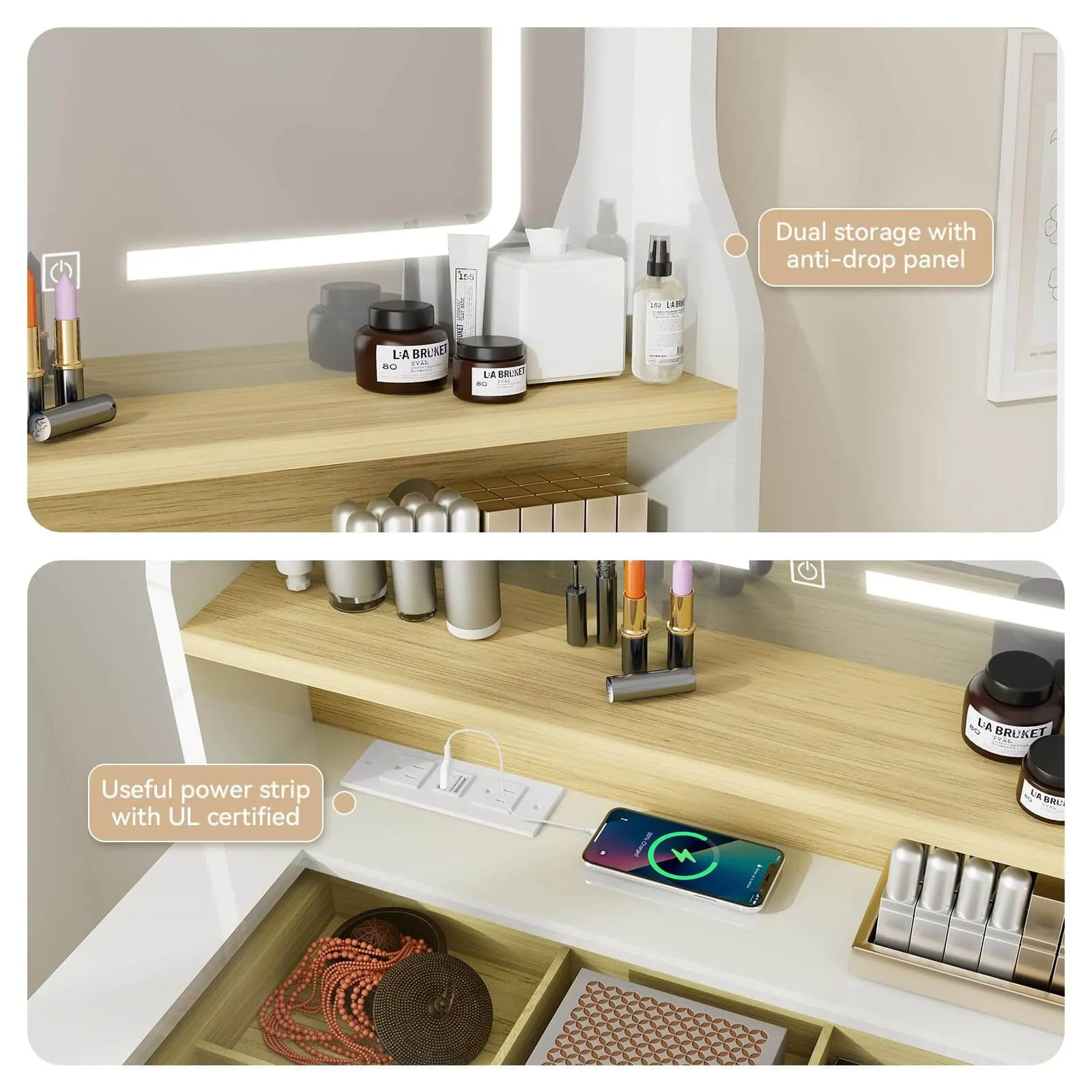 Small Makeup Vanity with Mirror and Lights Glass Table Top IF055