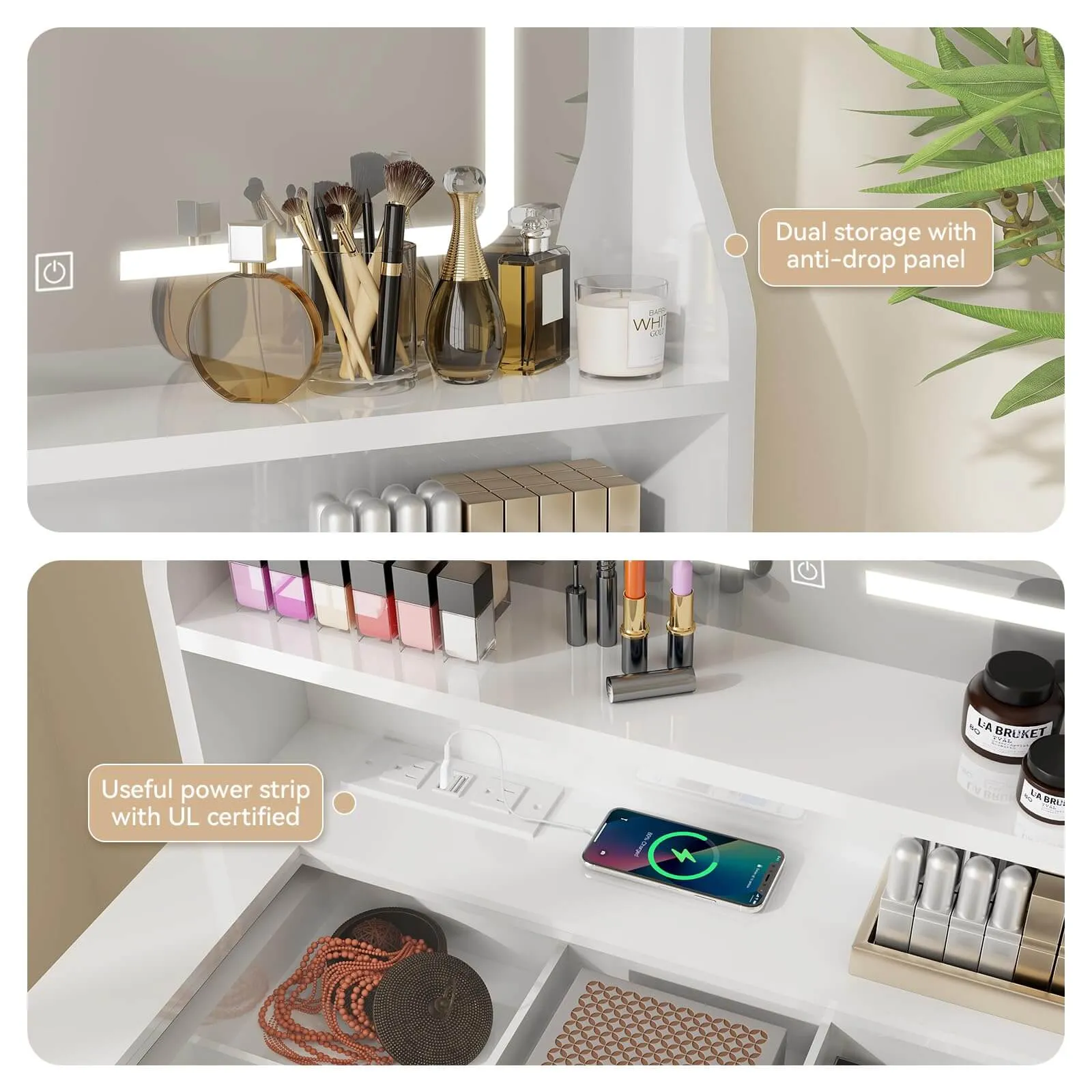 Small Makeup Vanity with Mirror and Lights Glass Table Top IF055