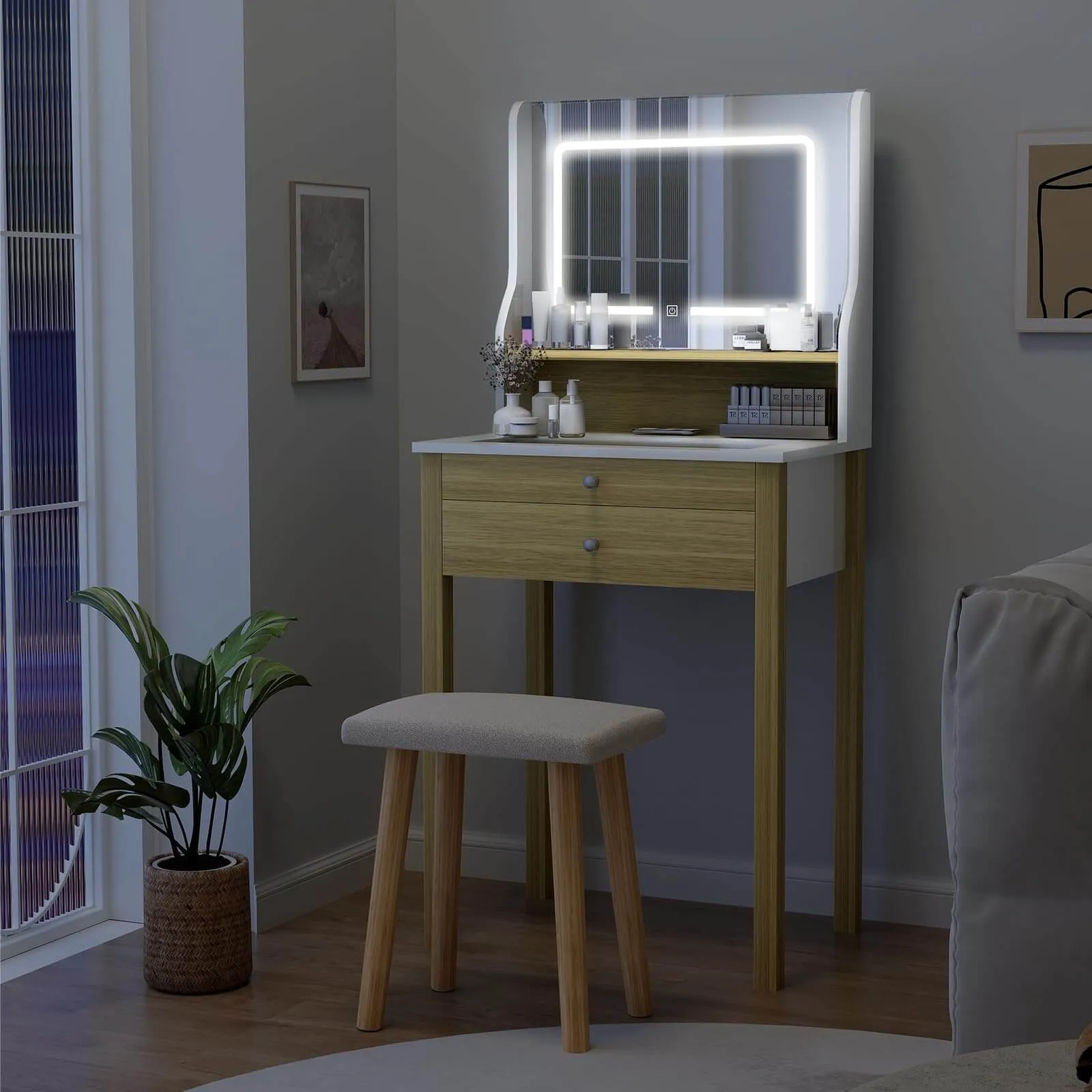 Small Makeup Vanity with Mirror and Lights Glass Table Top IF055