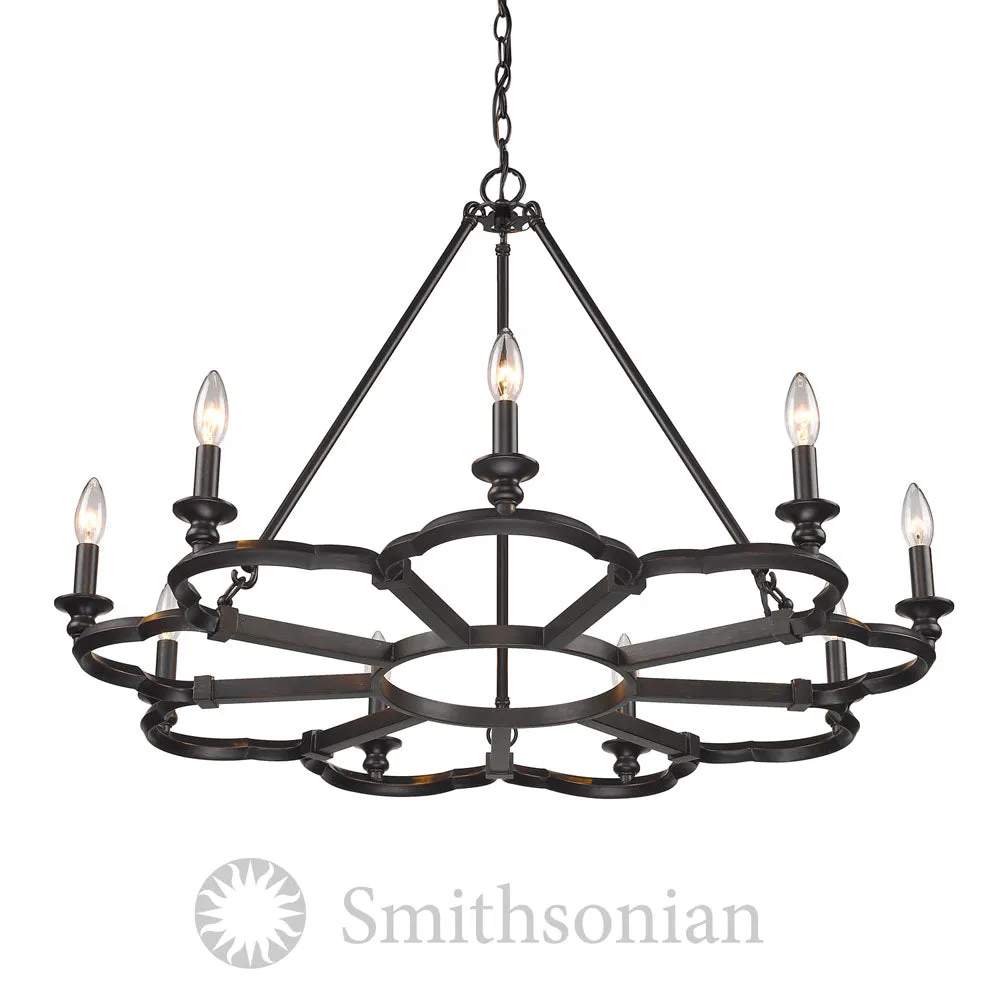 SMITHSONIAN SAXON 9 LIGHT CHANDELIER, AGED BRONZE