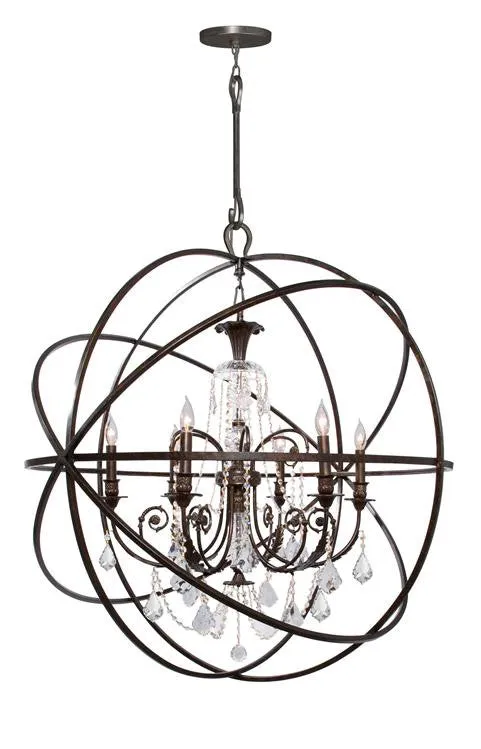 SOLARIS 6 LIGHT STRASS CRYSTAL SPHERE CHANDELIER, ENGLISH BRONZE