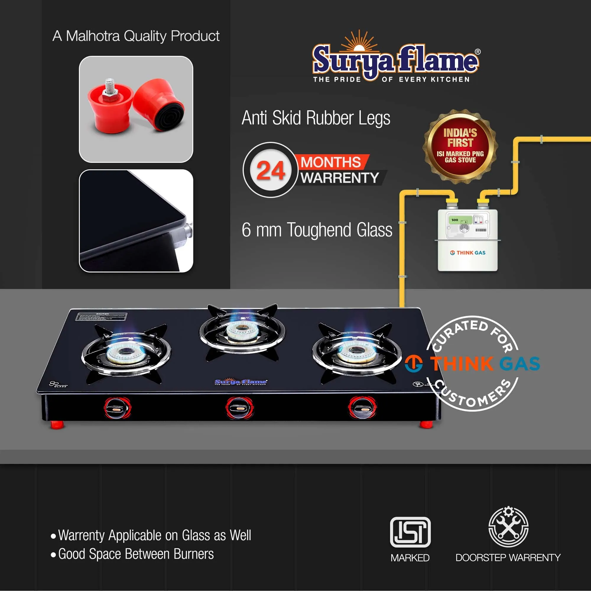 Surya Flame Alpha Gas Stove 3 Burner Glass Top | India's First ISI Certifed Black Body PNG Stove | Direct Use For Pipeline Gas - 2 Years Complete Doorstep Warranty