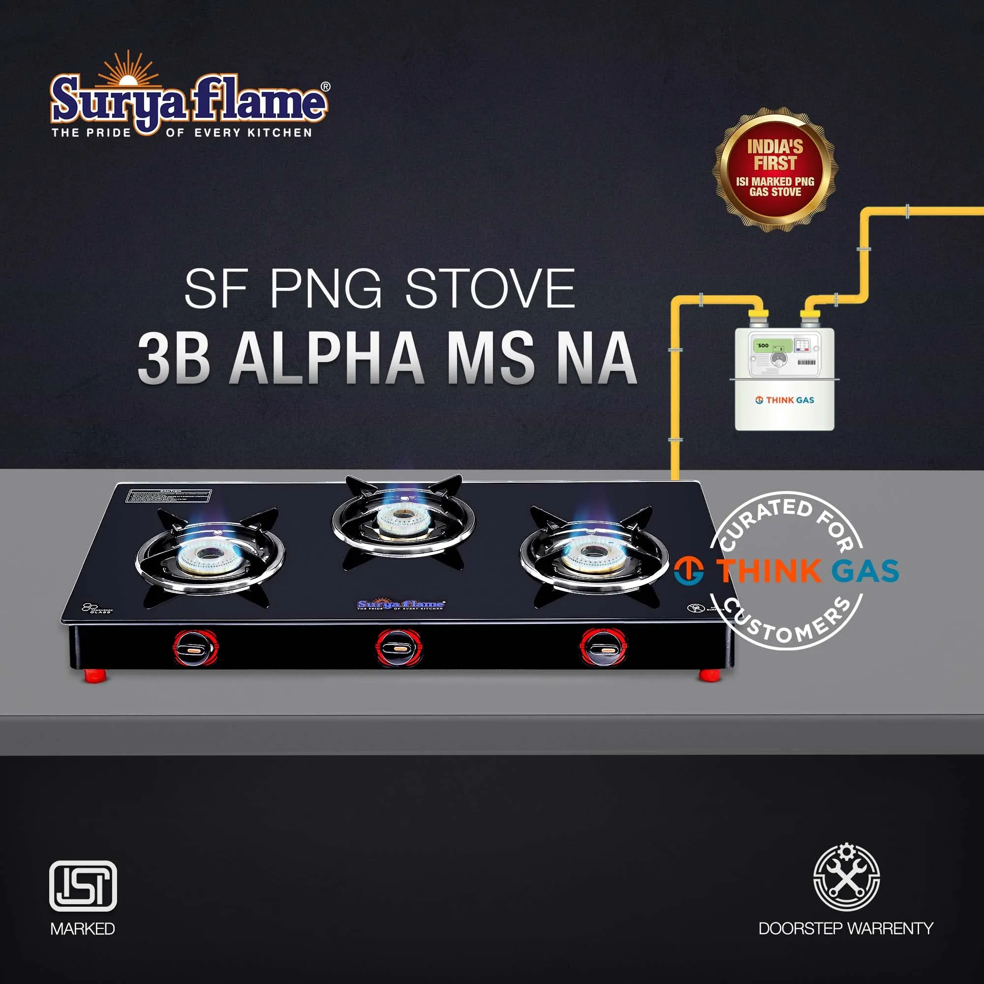 Surya Flame Alpha Gas Stove 3 Burner Glass Top | India's First ISI Certifed Black Body PNG Stove | Direct Use For Pipeline Gas - 2 Years Complete Doorstep Warranty