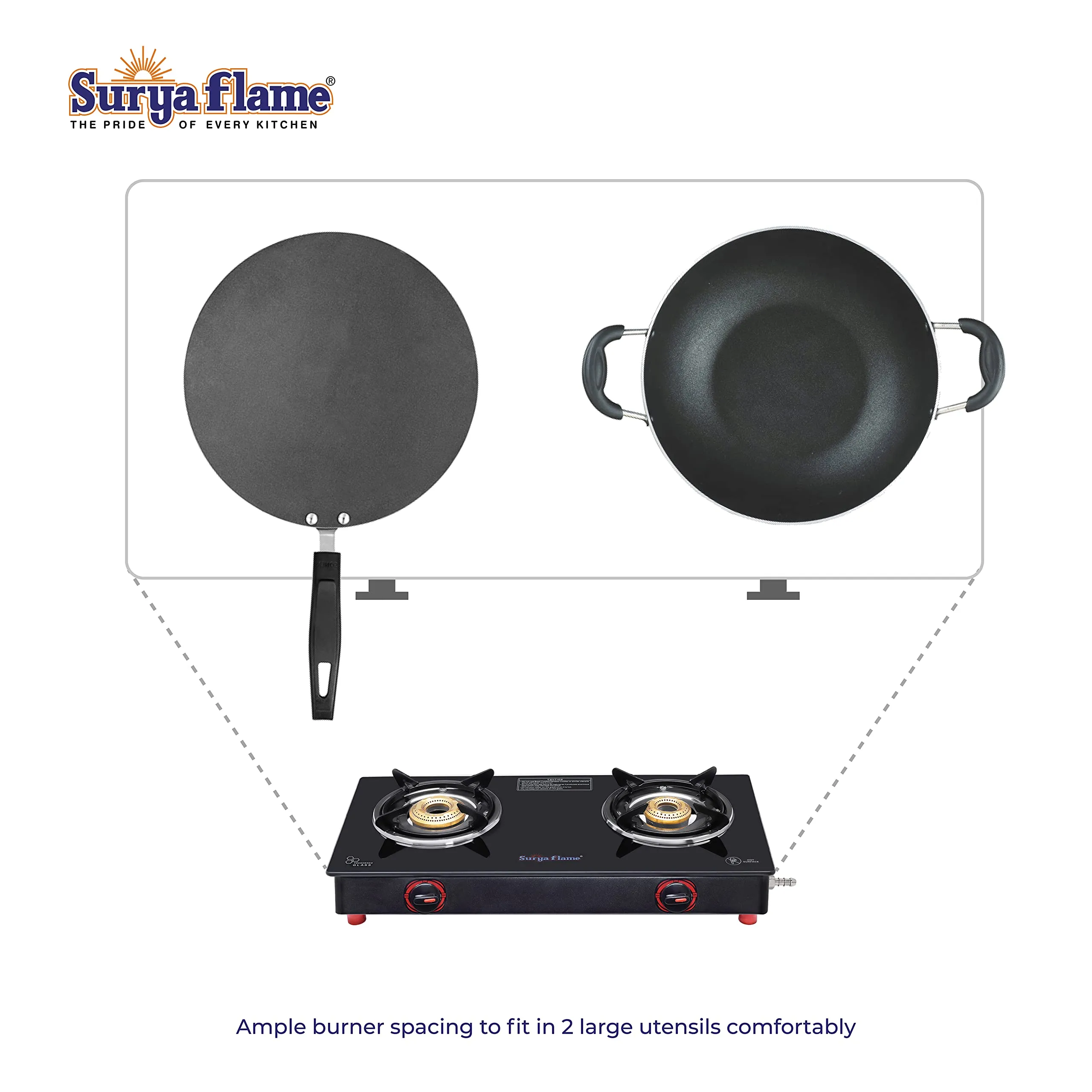 Surya Flame Smart Gas Stove 2 Burners Glass Top | Black Body PNG Stove With 69% Thermal Efficiency | Anti Skid Rubber Legs - 2 Years Complete Doorstep Warranty