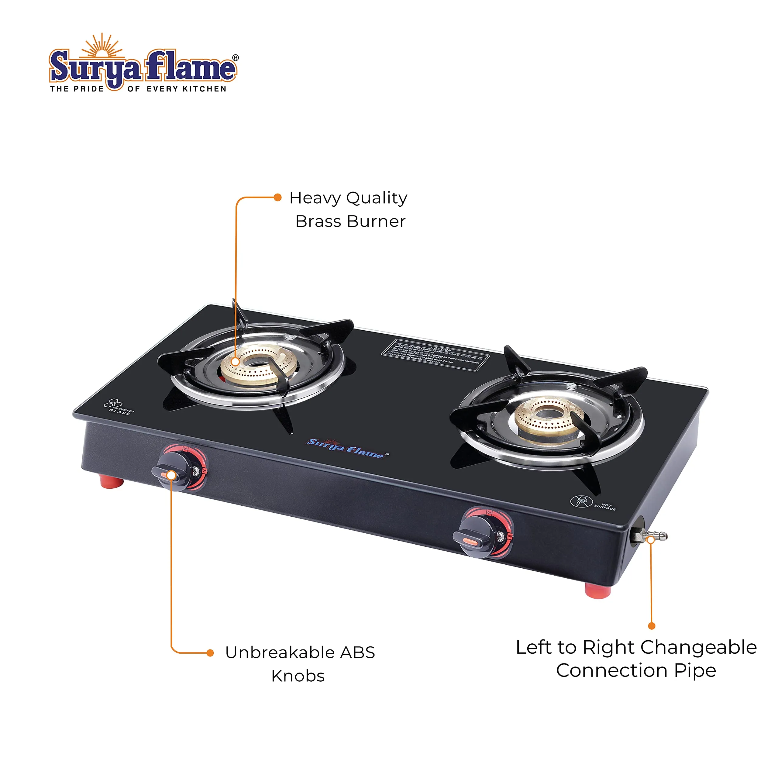 Surya Flame Smart Gas Stove 2 Burners Glass Top | Black Body PNG Stove With 69% Thermal Efficiency | Anti Skid Rubber Legs - 2 Years Complete Doorstep Warranty