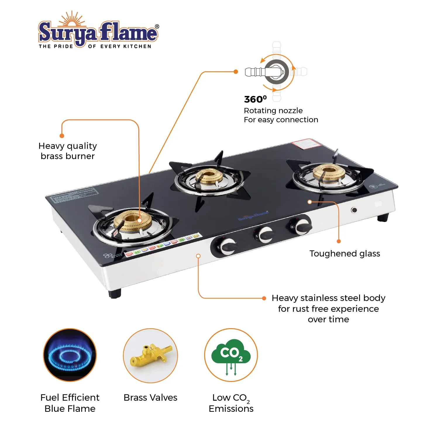 Surya Flame Supreme Gas Stove 3 Burners Glass Top LPG Stove | LPG Gas Dual Layer Rubber Hose Pipe 1.5M | Premier Stainless Steel Gas Lighter with Knife