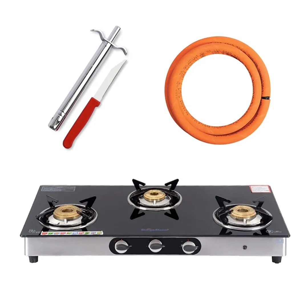 Surya Flame Supreme Gas Stove 3 Burners Glass Top LPG Stove | LPG Gas Dual Layer Rubber Hose Pipe 1.5M | Premier Stainless Steel Gas Lighter with Knife