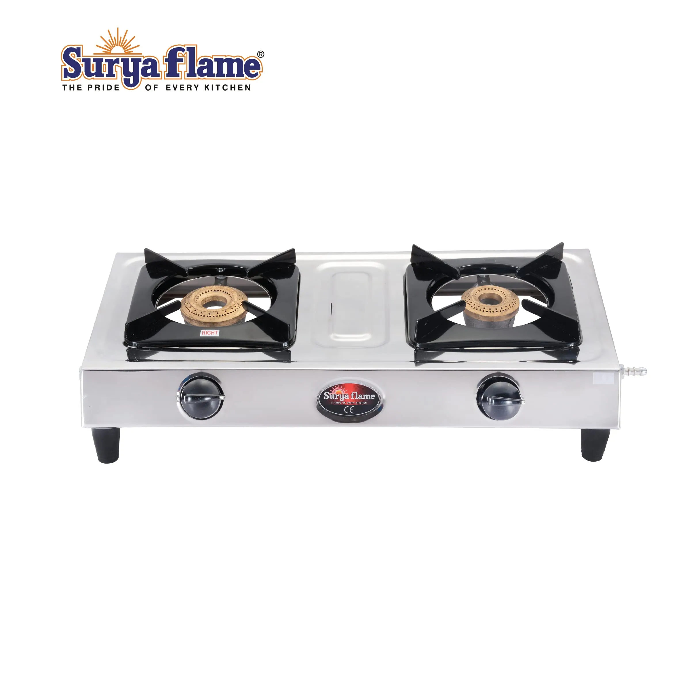 Surya Flame Vista Gas Stove 2 Burners Manual LPG Stove | LPG Gas Dual Layer Rubber Hose Pipe 1.5M | Stainless Steel Elegant Gas Stove Lighter With Knife, Peeler Knife and Shredder (Pack of 4)